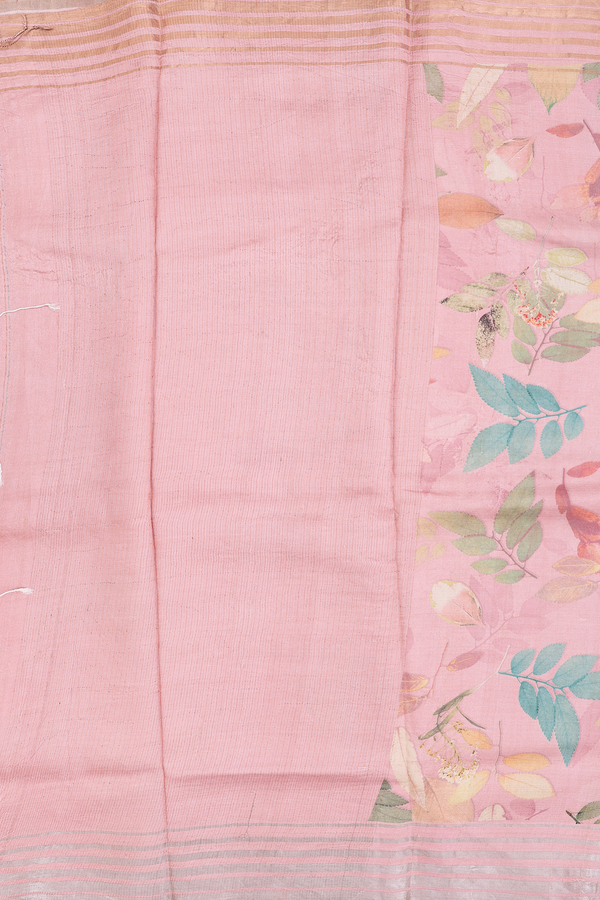 Tussar Silk Saree In Pink With Leaf Printed Design