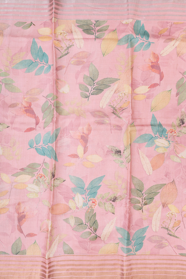 Tussar Silk Saree In Pink With Leaf Printed Design