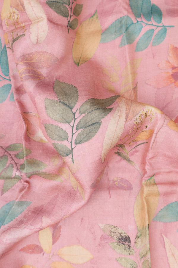 Tussar Silk Saree In Pink With Leaf Printed Design