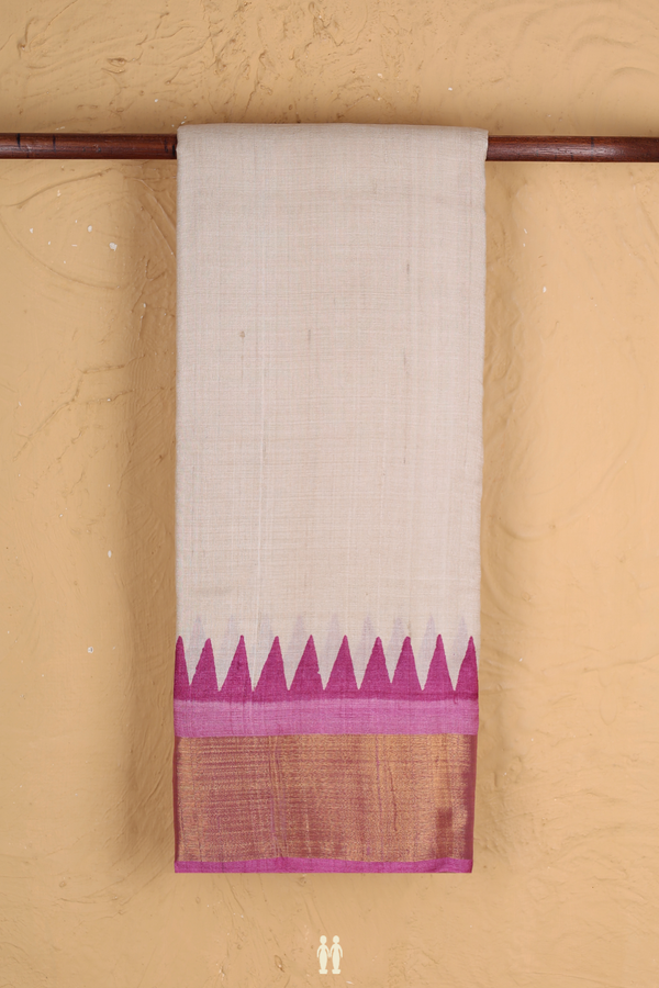 Tussar Silk Saree In Plain Beige With Contrast Border