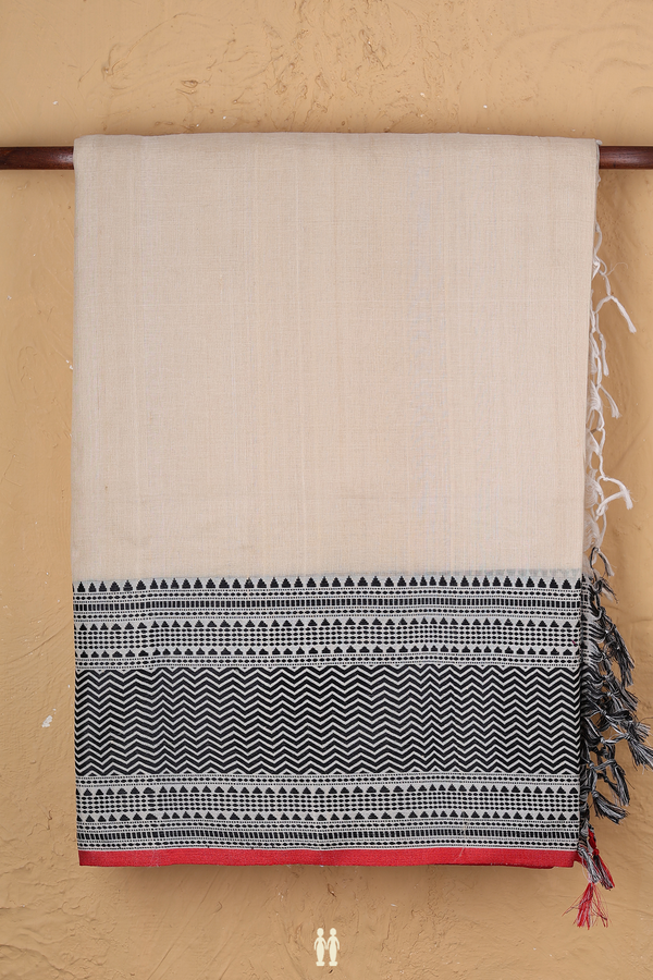 Tussar Silk Saree In Plain Beige With Threadwork Border