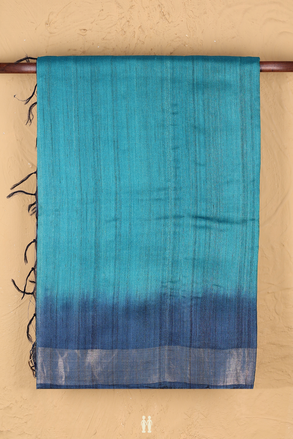 Tussar Silk Saree In Plain Blue With Contrast Border