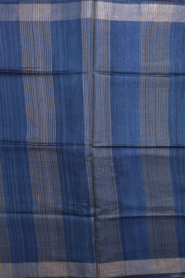 Tussar Silk Saree In Plain Blue With Contrast Border