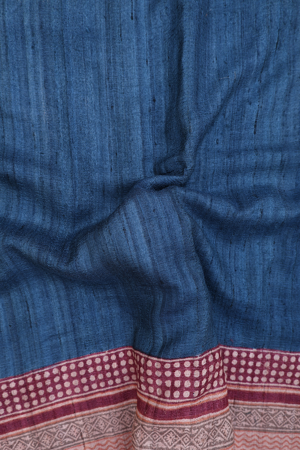 Tussar Silk Saree In Plain Capri Blue With Contrast Border
