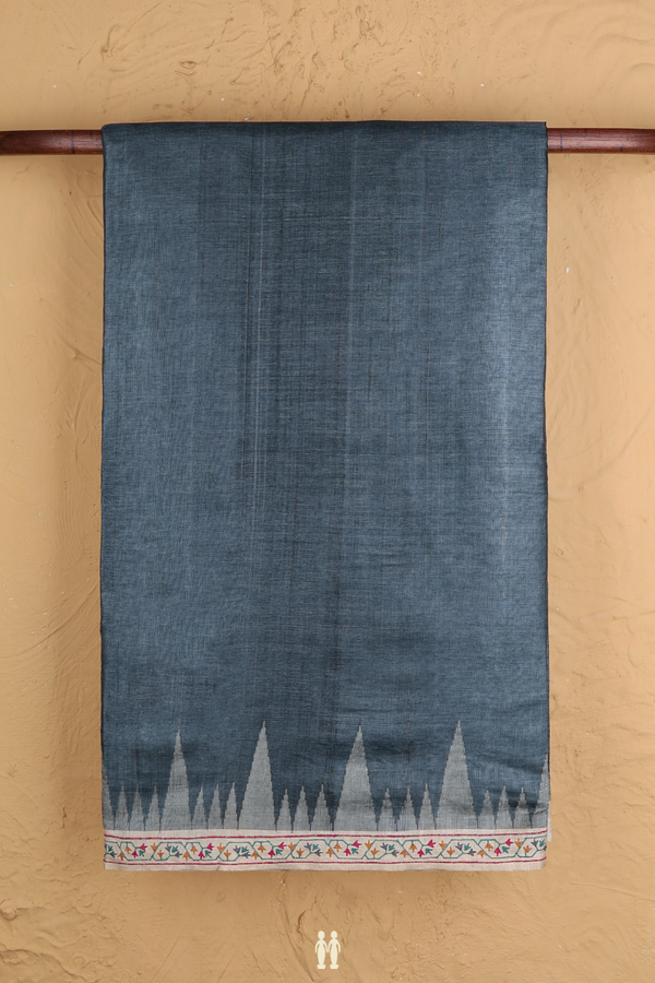 Tussar Silk Saree In Plain Charcoal Grey With Contrast Border