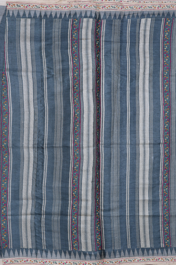 Tussar Silk Saree In Plain Charcoal Grey With Contrast Border
