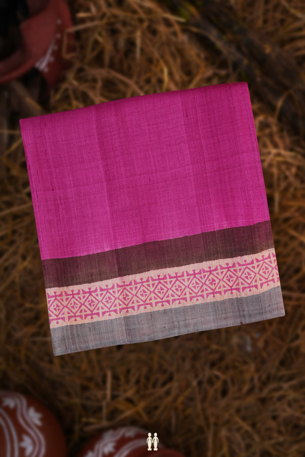 Tussar Silk Saree In Plain Rose Pink With Contrast Border
