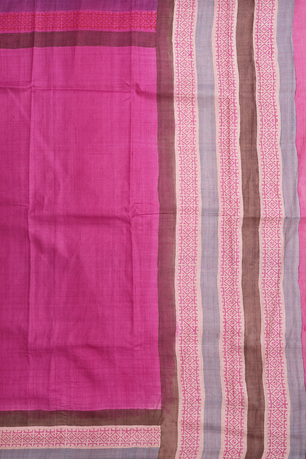 Tussar Silk Saree In Plain Rose Pink With Contrast Border