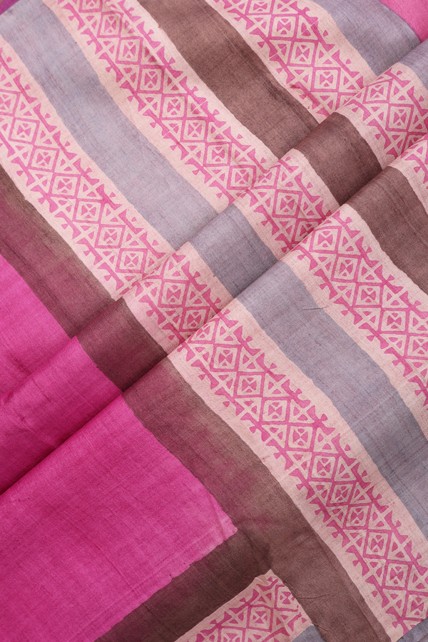 Tussar Silk Saree In Plain Rose Pink With Contrast Border