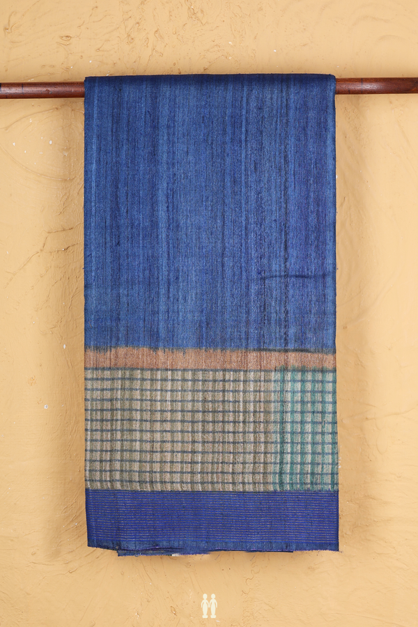 Tussar Silk Saree In Plain Royal Blue With Contrast Border