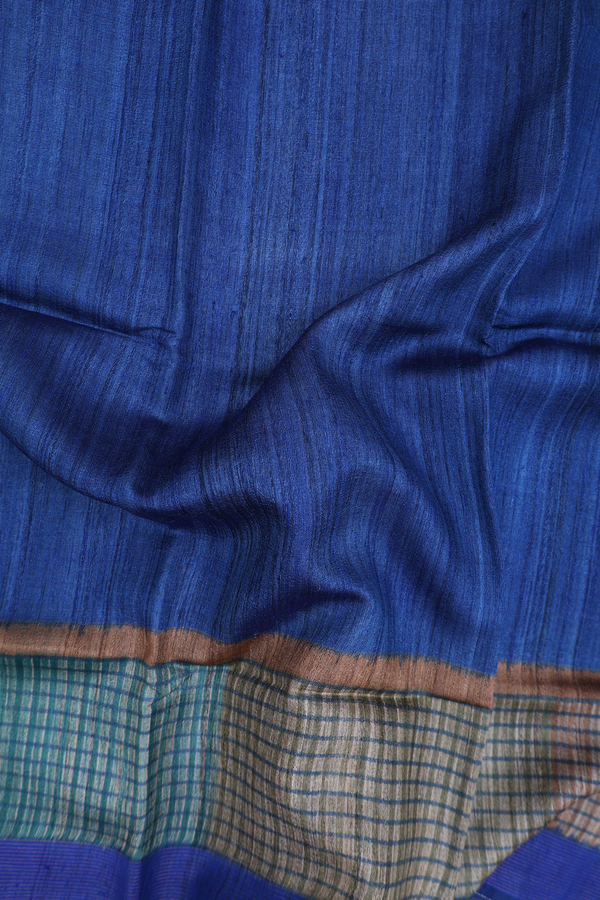 Tussar Silk Saree In Plain Royal Blue With Contrast Border
