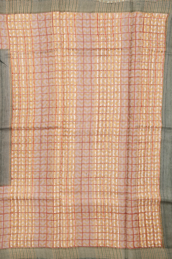 Tussar Silk Saree In Plain Sage Green With Checks Border