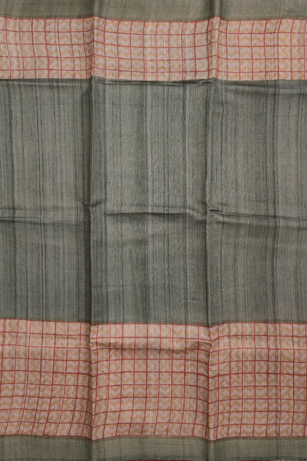 Tussar Silk Saree In Plain Sage Green With Checks Border