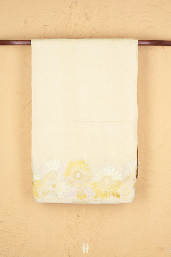 Tussar Silk Saree In Plain Yellow With Floral Border