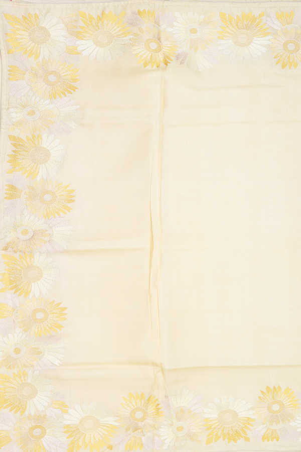 Tussar Silk Saree In Plain Yellow With Floral Border