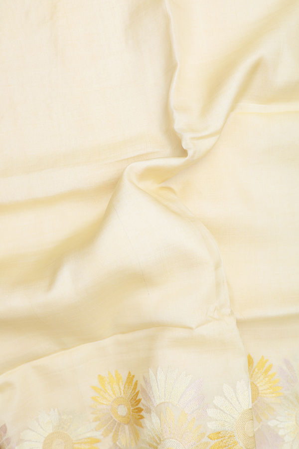 Tussar Silk Saree In Plain Yellow With Floral Border
