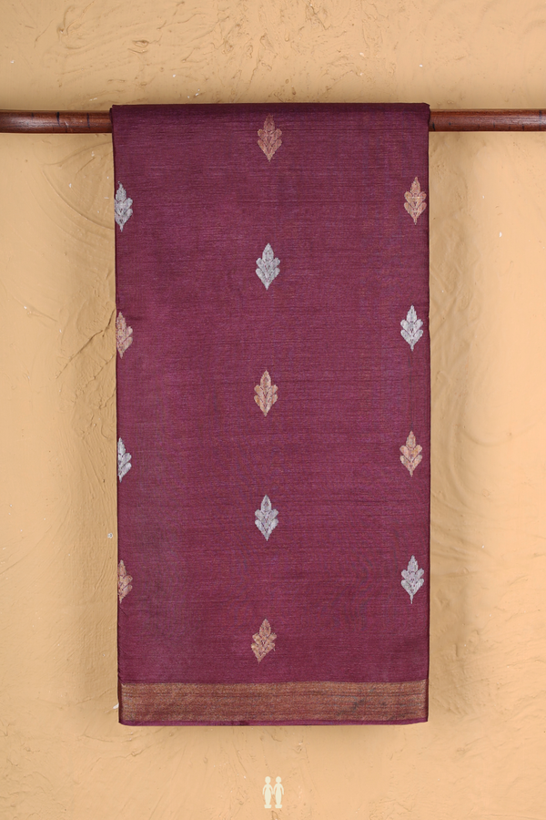 Tussar Silk Saree In Plum Brown With Floral Buttas