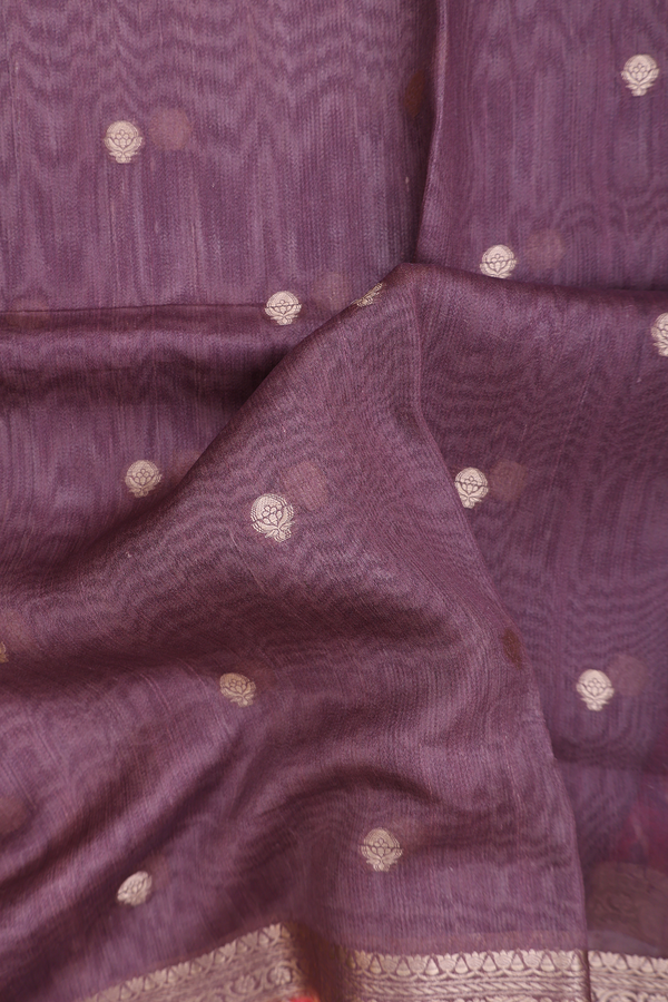 Tussar Silk Saree In Plum Brown With Floral Buttas