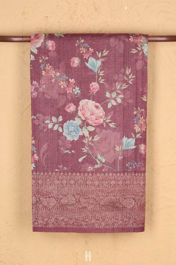 Tussar Silk Saree In Plum Brown With Floral Design