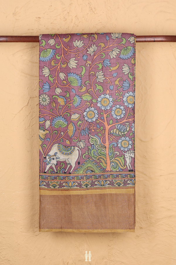 Tussar Silk Saree In Plum Brown With Floral Design