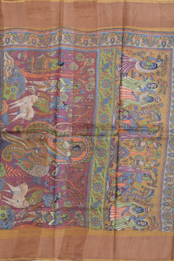 Tussar Silk Saree In Plum Brown With Floral Design