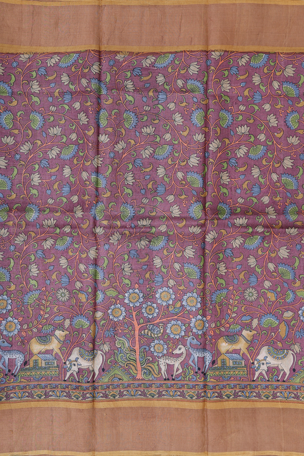 Tussar Silk Saree In Plum Brown With Floral Design