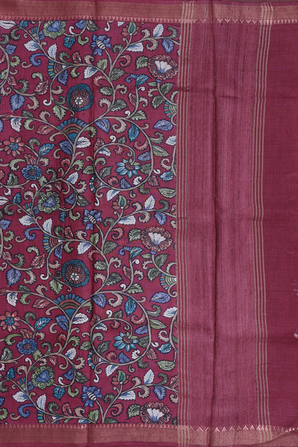 Tussar Silk Saree In Red With Floral Design