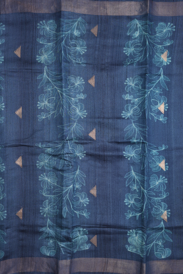 Tussar Silk Saree In Prussian Blue Printed Design