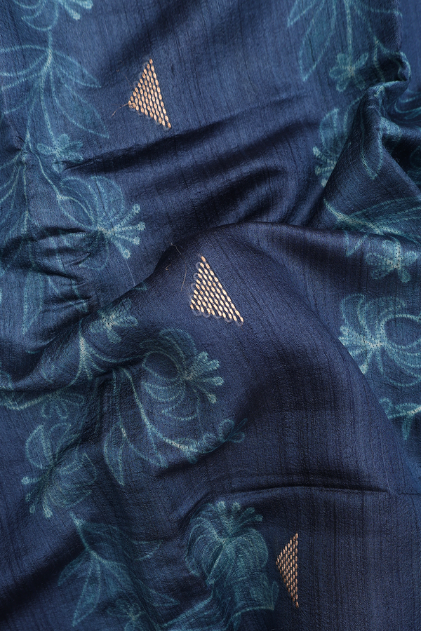 Tussar Silk Saree In Prussian Blue Printed Design