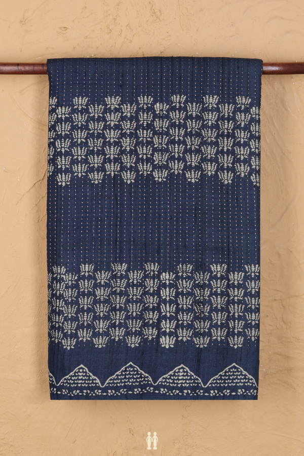 Tussar Silk Saree In Prussian Blue With Stripes Design