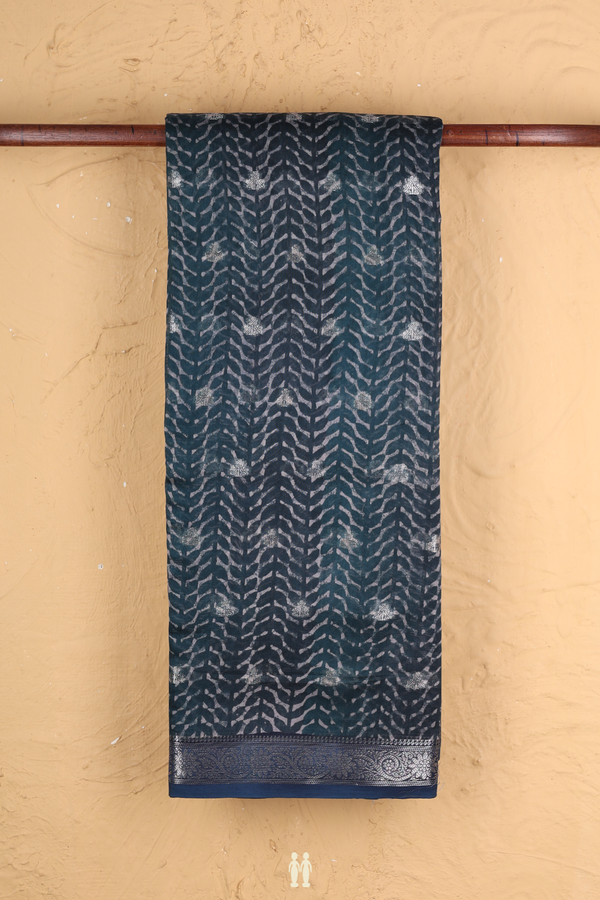 Chanderi Cotton Saree In Prussian Blue With Zari Buttas