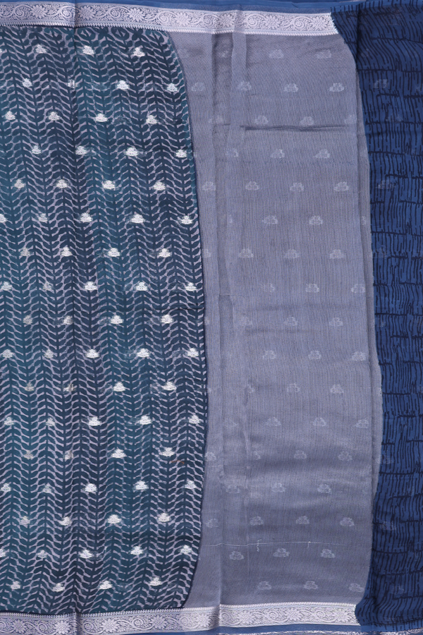 Chanderi Cotton Saree In Prussian Blue With Zari Buttas