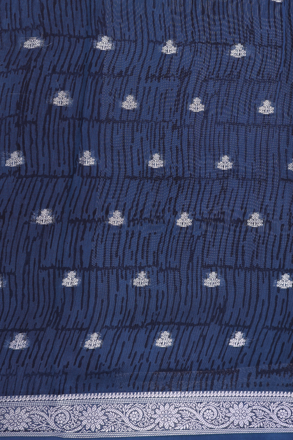 Chanderi Cotton Saree In Prussian Blue With Zari Buttas