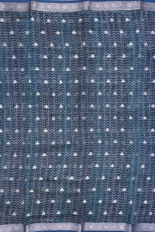 Chanderi Cotton Saree In Prussian Blue With Zari Buttas