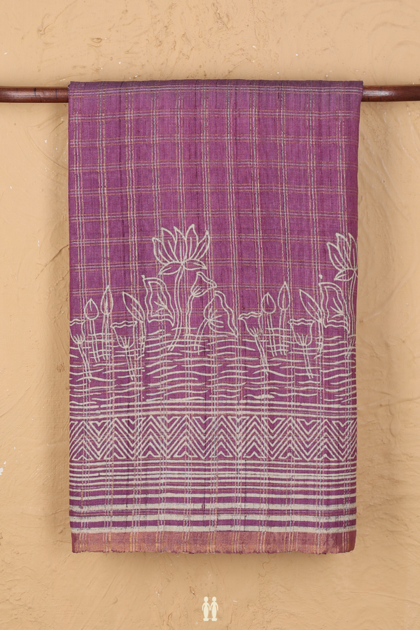 Tussar Silk Saree In Purple And Grey With Checks Design