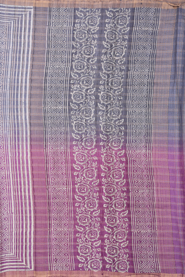 Tussar Silk Saree In Purple And Grey With Checks Design