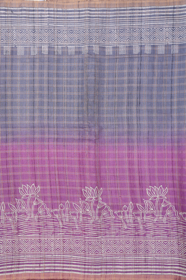Tussar Silk Saree In Purple And Grey With Checks Design