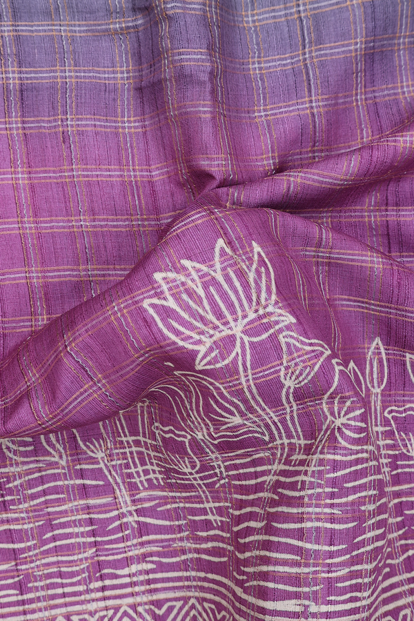 Tussar Silk Saree In Purple And Grey With Checks Design