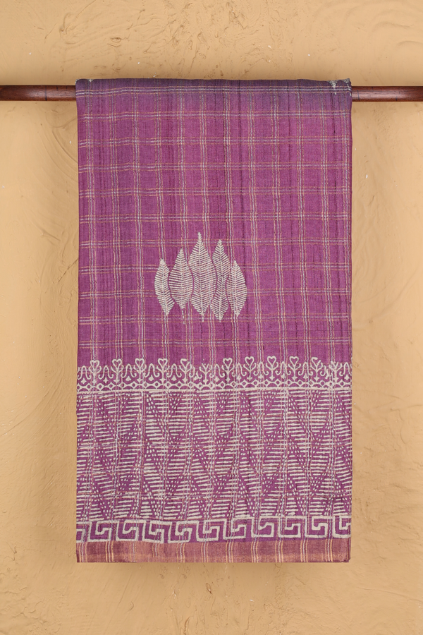 Tussar Silk Saree In Grey And Purple Withv Checks Design