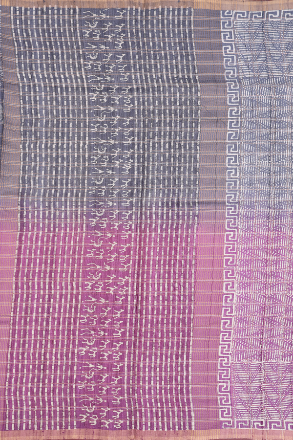 Tussar Silk Saree In Grey And Purple Withv Checks Design