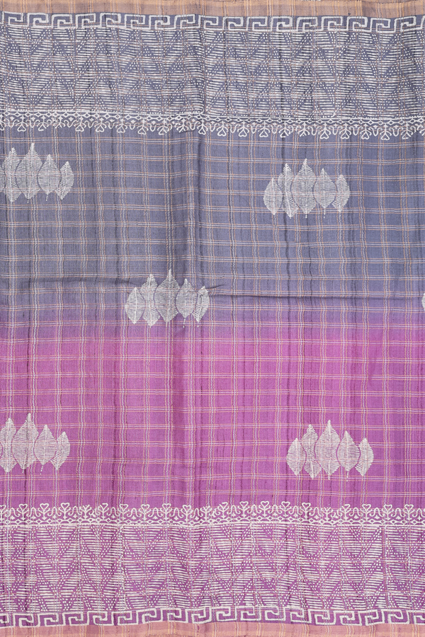 Tussar Silk Saree In Grey And Purple Withv Checks Design
