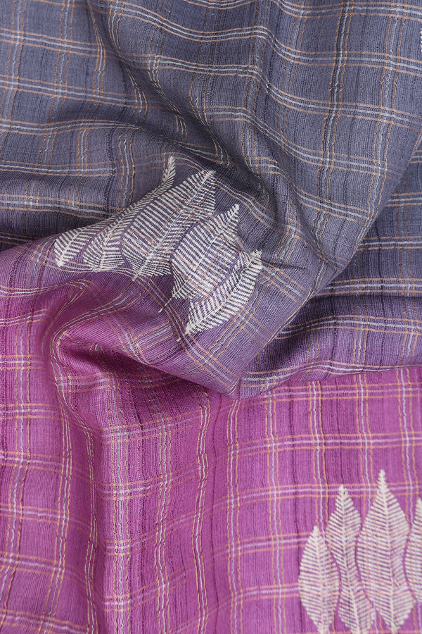 Tussar Silk Saree In Grey And Purple Withv Checks Design