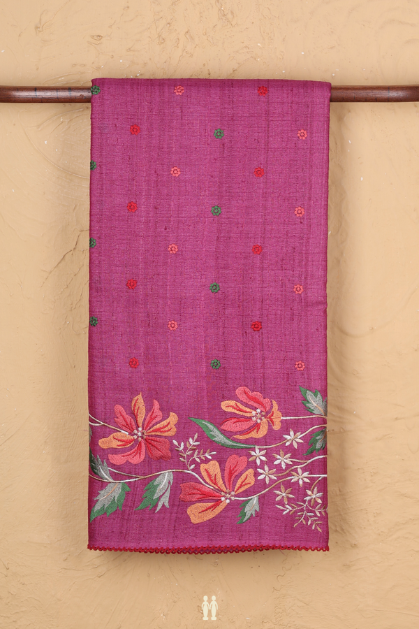 Tussar Silk Saree In Purple With Floral Embroidered Buttas