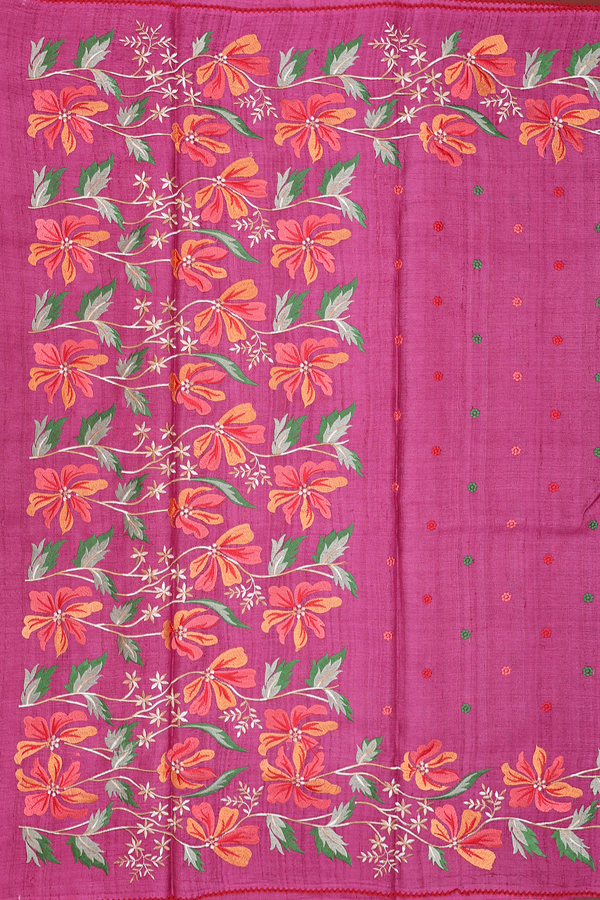 Tussar Silk Saree In Purple With Floral Embroidered Buttas