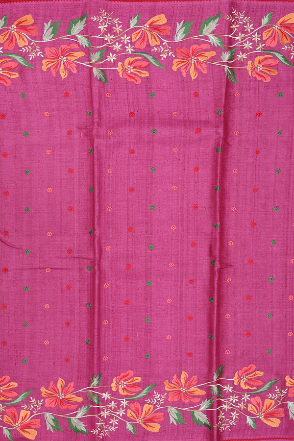 Tussar Silk Saree In Purple With Floral Embroidered Buttas
