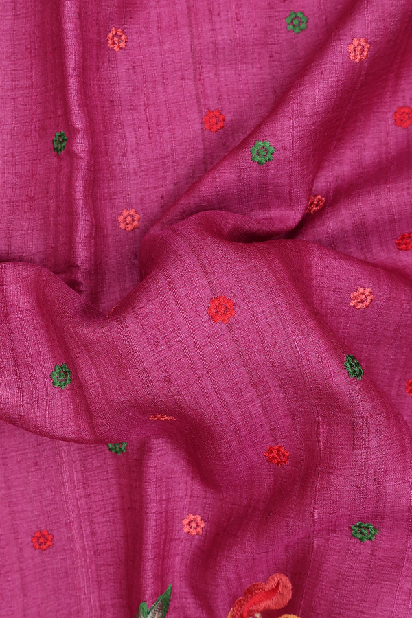 Tussar Silk Saree In Purple With Floral Embroidered Buttas