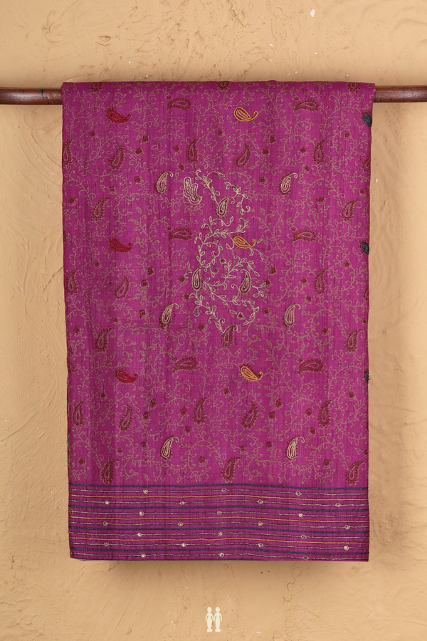 Tussar Silk Saree In Purple With Paisley Design