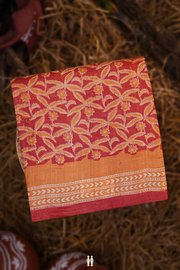 Tussar Silk Saree In Red With Allover Floral Printed Design