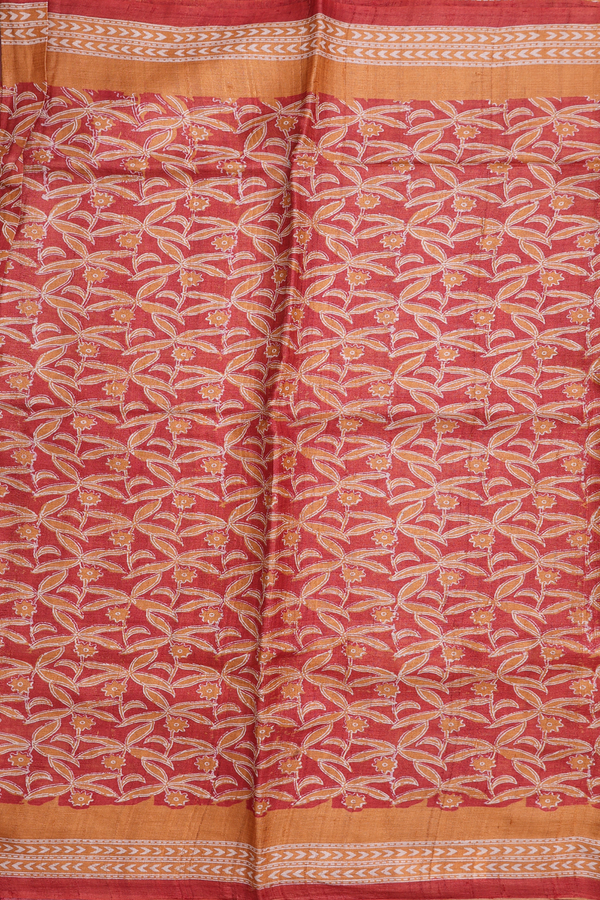 Tussar Silk Saree In Red With Allover Floral Printed Design