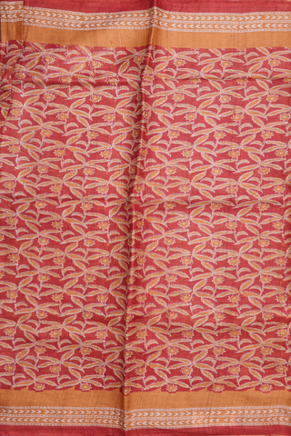Tussar Silk Saree In Red With Allover Floral Printed Design